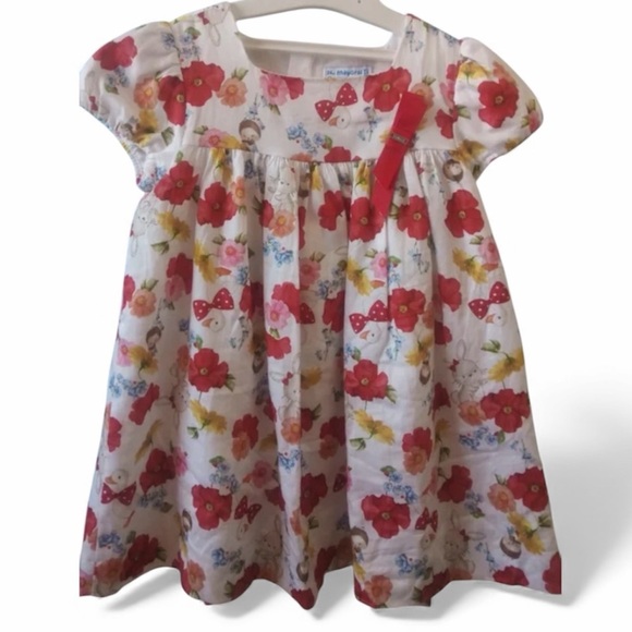 Mayoral Other - Mayoral baby girl Floral Bunny+Duck  Print Dress with Red Bow 100%cotton 6 mos